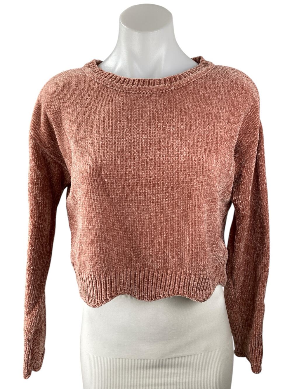 Aqua Women's Pink Tan Chenille Knit Crewneck Long Sleeve Crop Sweater Top Size S